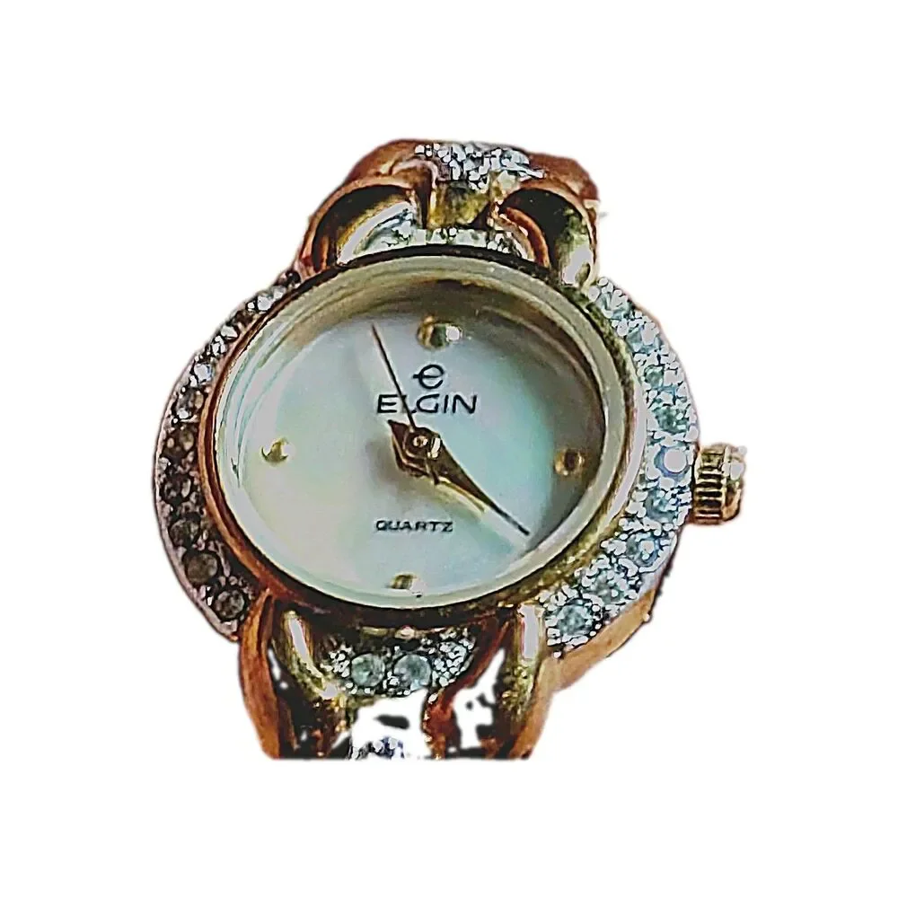 Vintage Elgin Ladies Quartz Watch Gold Tone Link Bracelet Rhinestone Accent